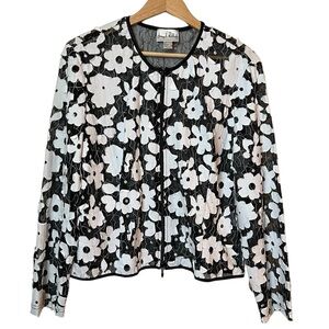 Joseph Ribkoff Zip Front Mesh Floral Applique Jacket, Size 16 Black White
